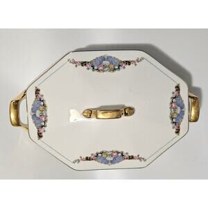 Vintage Maytime Pattern Covered Vegetable Dish Gold Handles